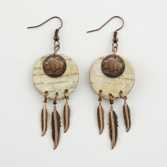 Large Birch Bark Discs Earrings with Buffalo Coins