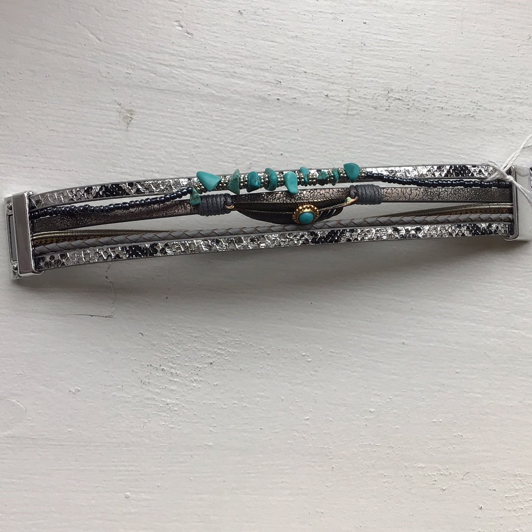 Leather Magnetic Buckle Grey + Turquoise