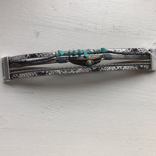 Leather Magnetic Buckle Grey + Turquoise