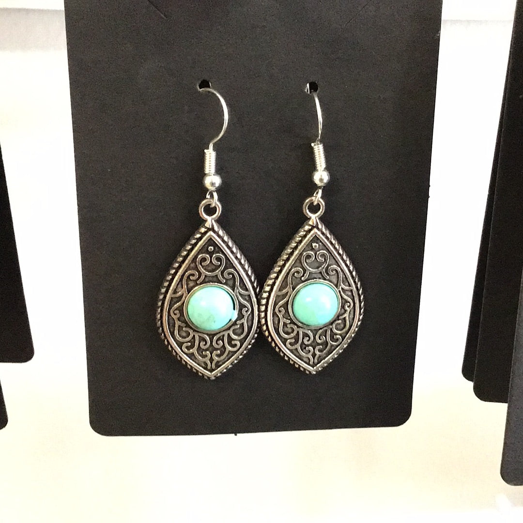 Vintage Boho Drop Dangle earrings with Small Round Turquoise