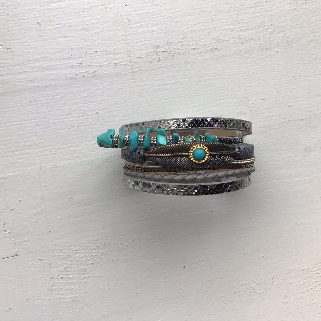 Leather Magnetic Buckle Grey + Turquoise