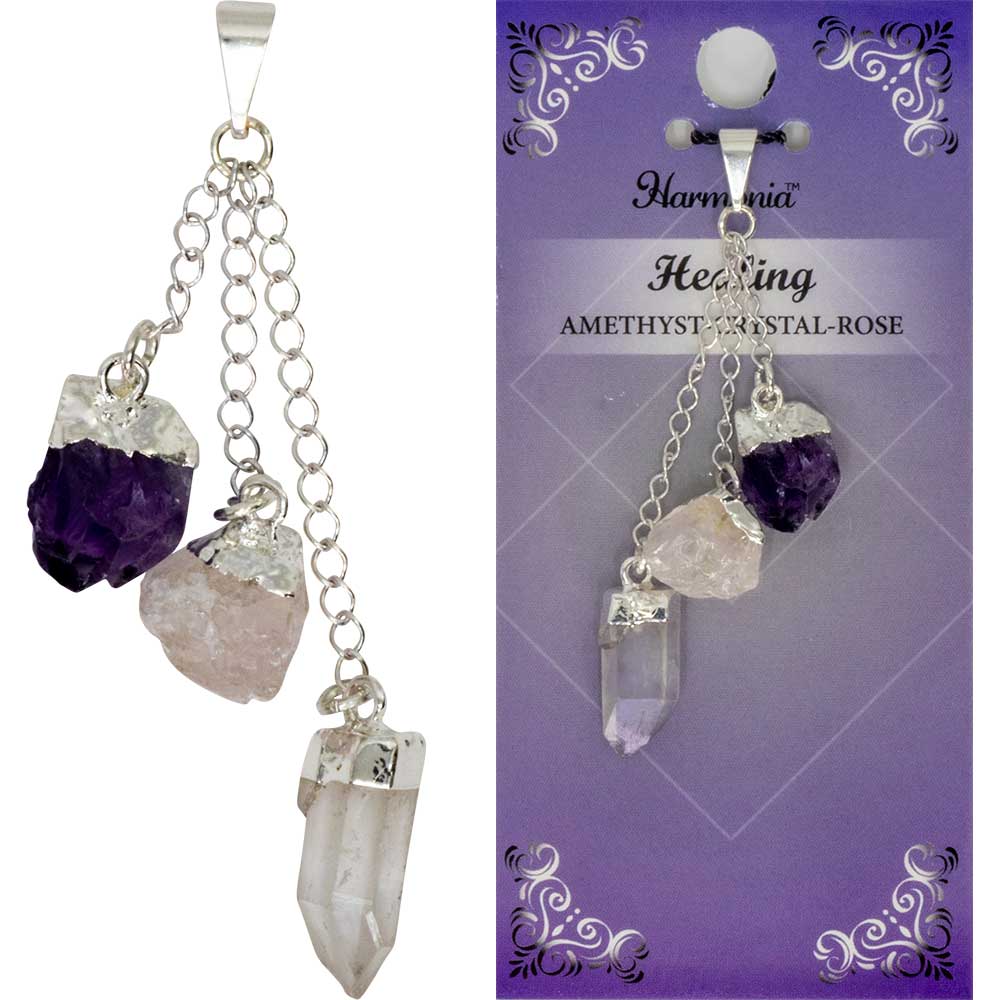 3-stone Pendant - Healing - Amethyst, Clear Quartz, Rose Quartz