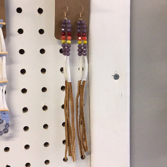 Long Dentalium Earrings with Bead and Leather