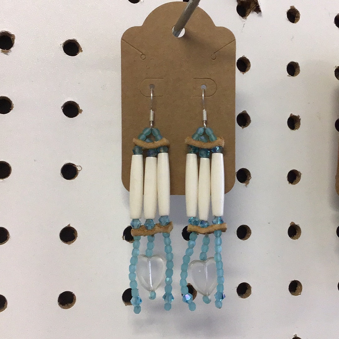 Dentalium - Heart and Blue Beads Earrings