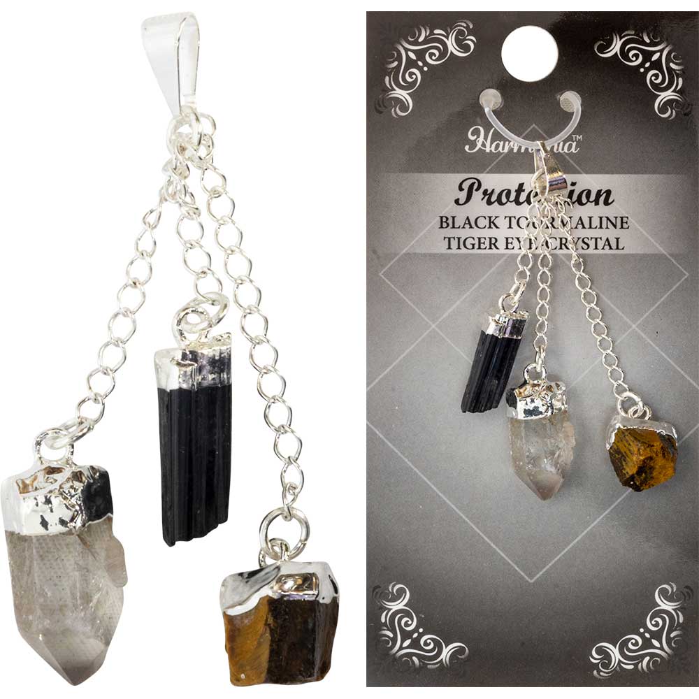 3-stone Pendant - Protection - Black Tourmaline, Tiger Eye , Clear Quartz