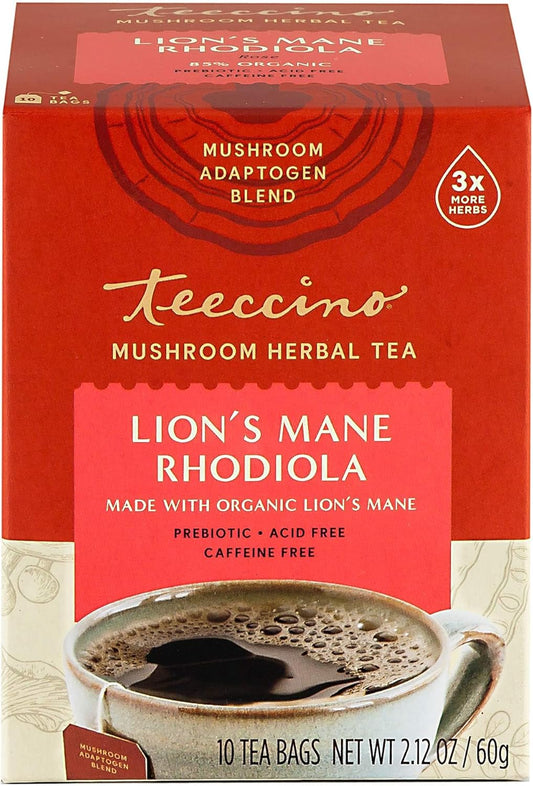 Teeccino Lion's Mane Rhodiola - Mushroom Herbal Tea (10 bags/box)