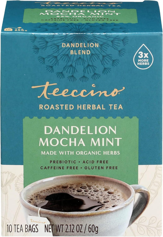 Teeccino Chicory Tea Dandelion Mocha Mint  - Roasted Herbal Tea (10 bags/box)