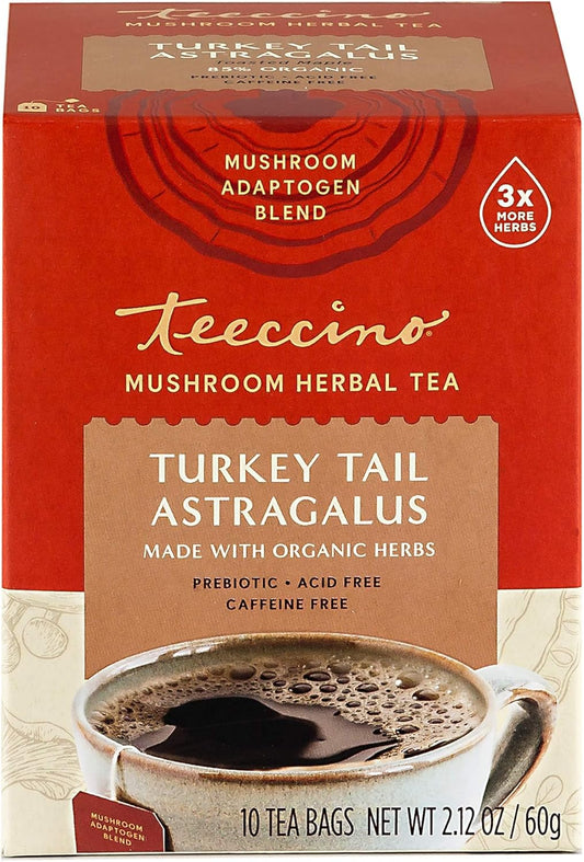 Teeccino Mushroom Tea Turkey Tail Astragalus - Mushroom Herbal Tea (10 bags/box)